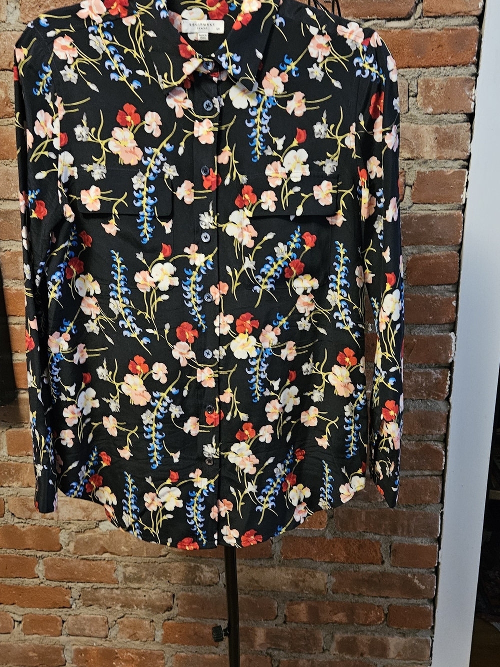 Equipment Black Floral 100% Silk Button-Up Blouse with Multi-Color Blooms